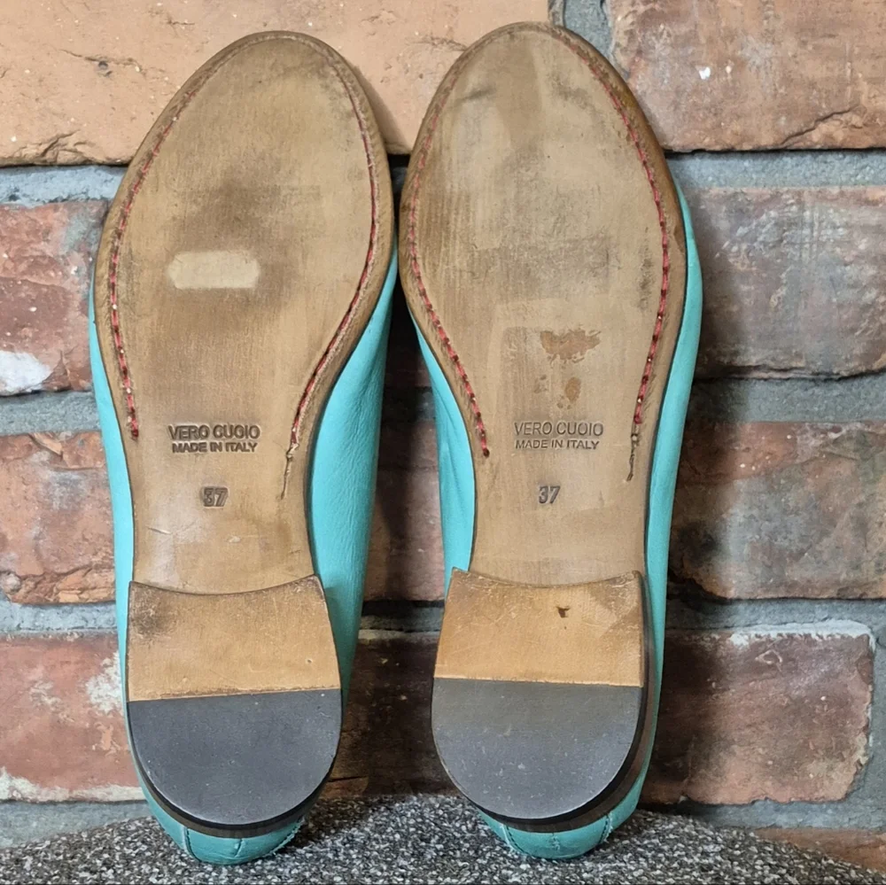 Italian Turquoise Leather Smoking Flats EU 37 Artisan Loafers Coastal Chic - Picture 8 of 13